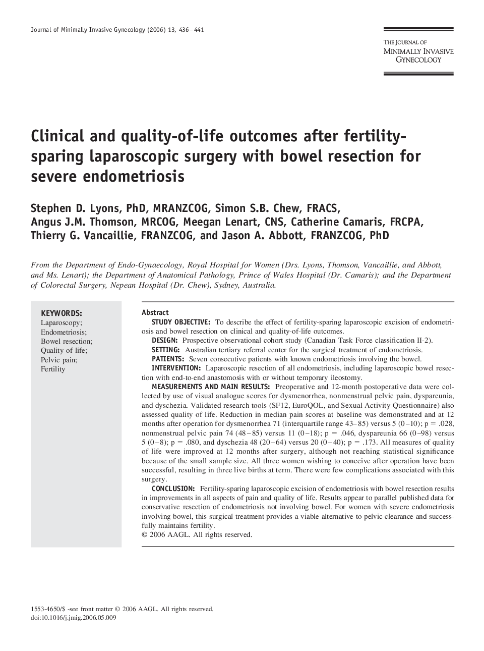 Clinical and quality-of-life outcomes after fertility-sparing laparoscopic surgery with bowel resection for severe endometriosis