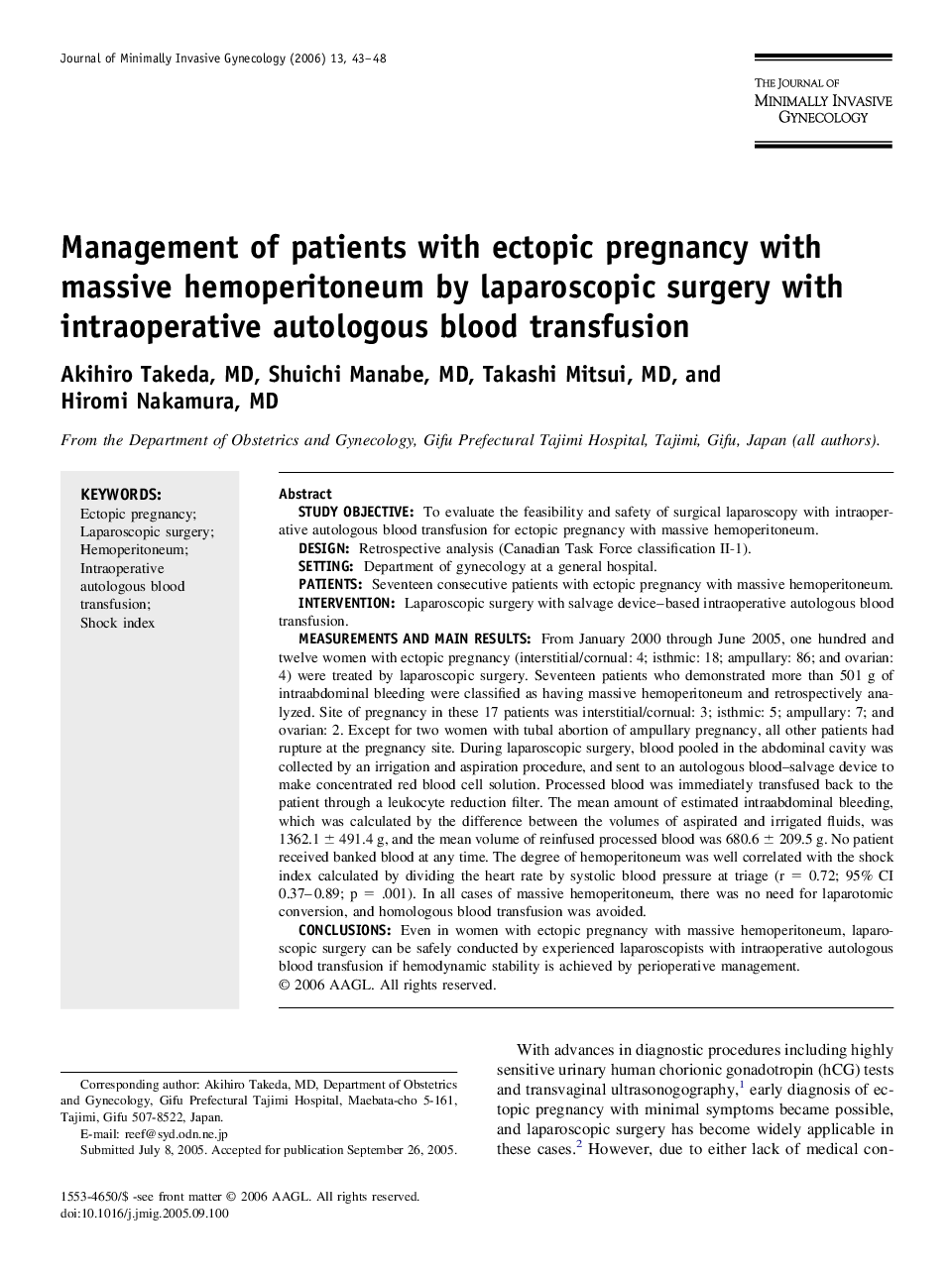 Management of patients with ectopic pregnancy with massive hemoperitoneum by laparoscopic surgery with intraoperative autologous blood transfusion