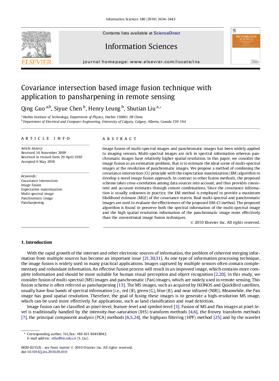 Covariance intersection based image fusion technique with application to pansharpening in remote sensing