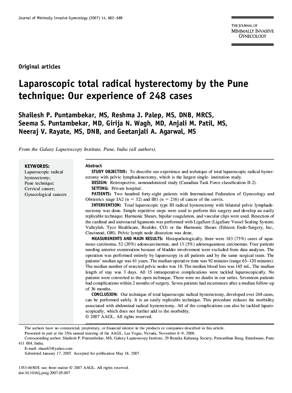 Laparoscopic total radical hysterectomy by the Pune technique: Our experience of 248 cases 