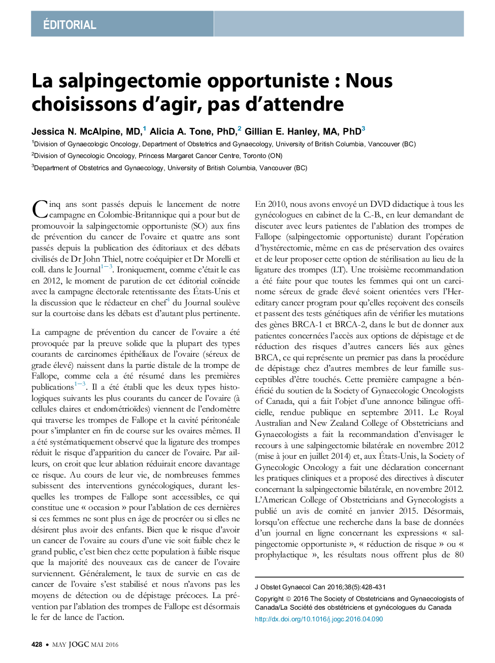 La salpingectomie opportuniste : Nous choisissons d'agir, pas d'attendre