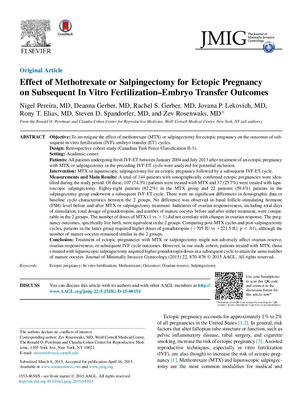 Effect of Methotrexate or Salpingectomy for Ectopic Pregnancy onÂ Subsequent InÂ Vitro Fertilization-Embryo Transfer Outcomes