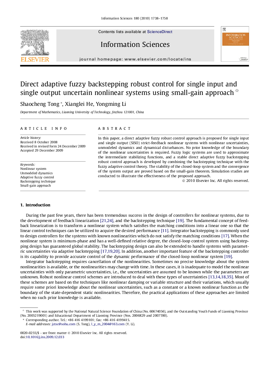 Direct adaptive fuzzy backstepping robust control for single input and single output uncertain nonlinear systems using small-gain approach 