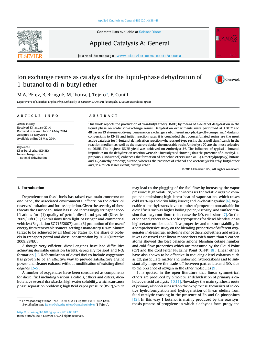 Ion exchange resins as catalysts for the liquid-phase dehydration of 1-butanol to di-n-butyl ether