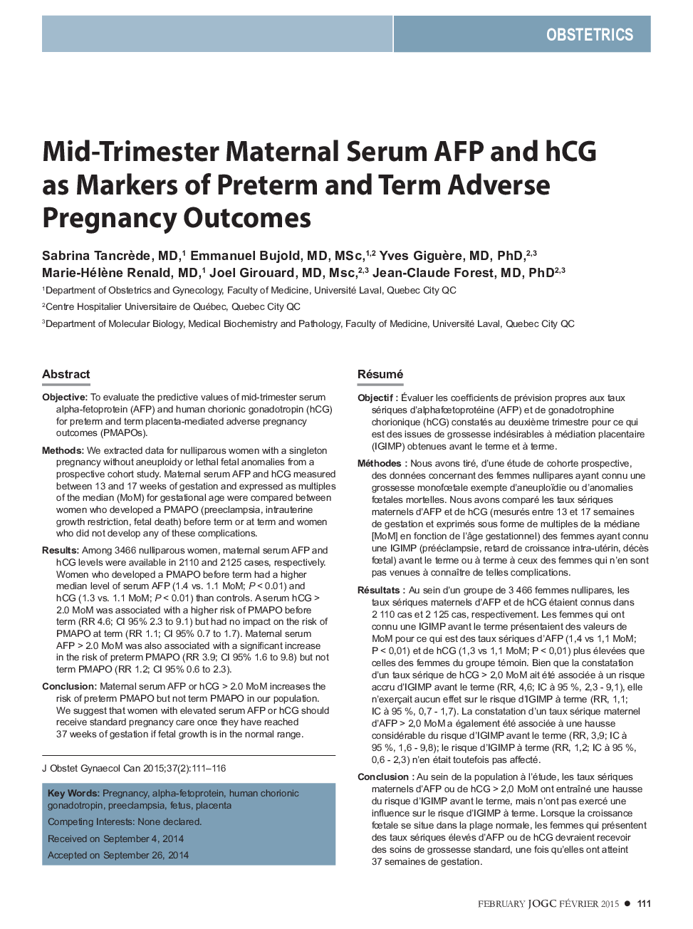 Mid-Trimester Maternal Serum AFP and hCG as Markers of Preterm and Term Adverse Pregnancy Outcomes