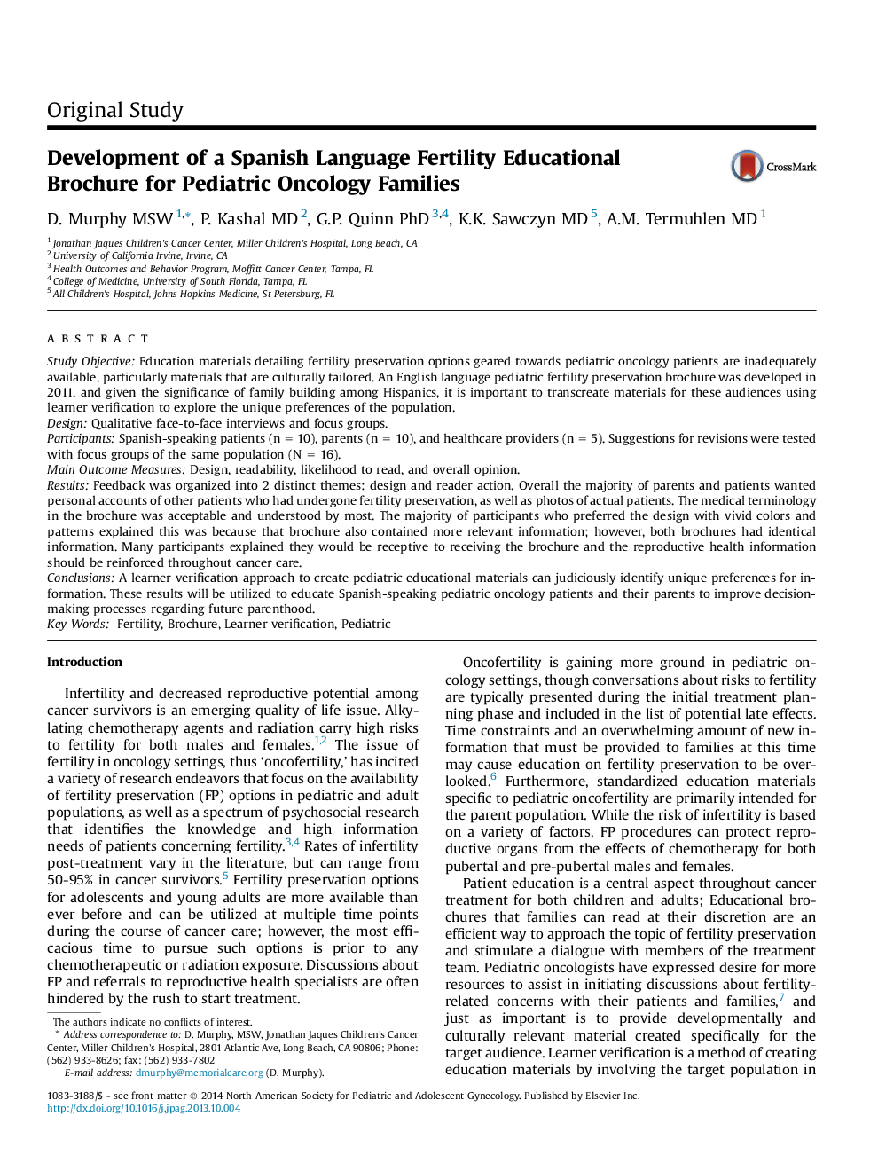 Development of a Spanish Language Fertility Educational Brochure for Pediatric Oncology Families 