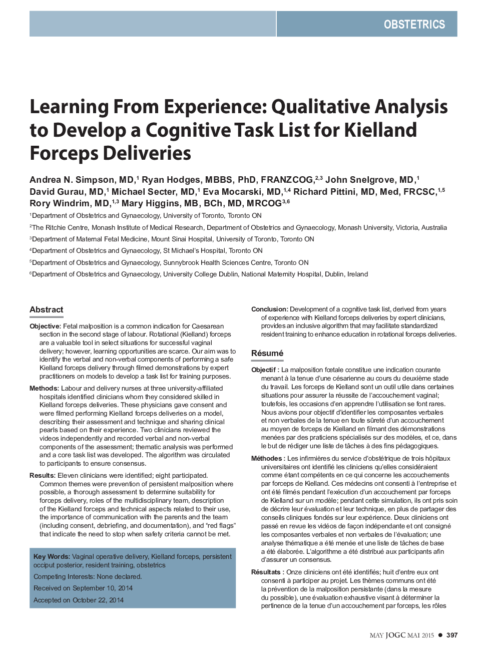 Learning From Experience: Qualitative Analysis to Develop a Cognitive Task List for Kielland Forceps Deliveries
