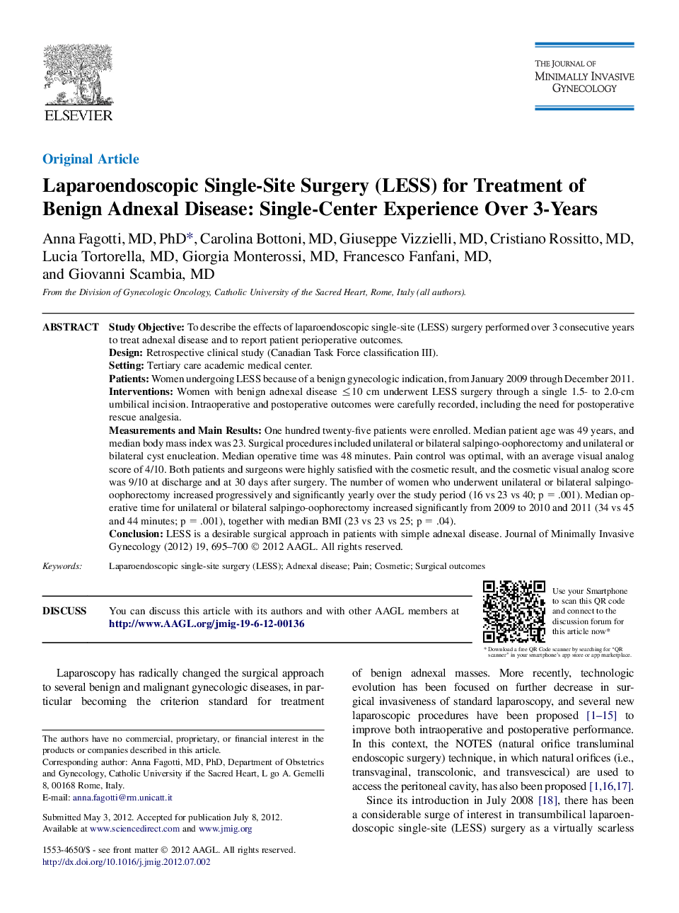 Laparoendoscopic Single-Site Surgery (LESS) for Treatment of Benign Adnexal Disease: Single-Center Experience Over 3-Years