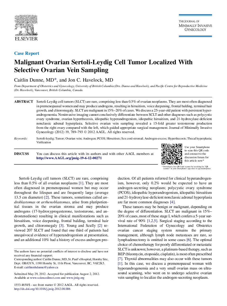 Malignant Ovarian Sertoli-Leydig Cell Tumor Localized With Selective Ovarian Vein Sampling 