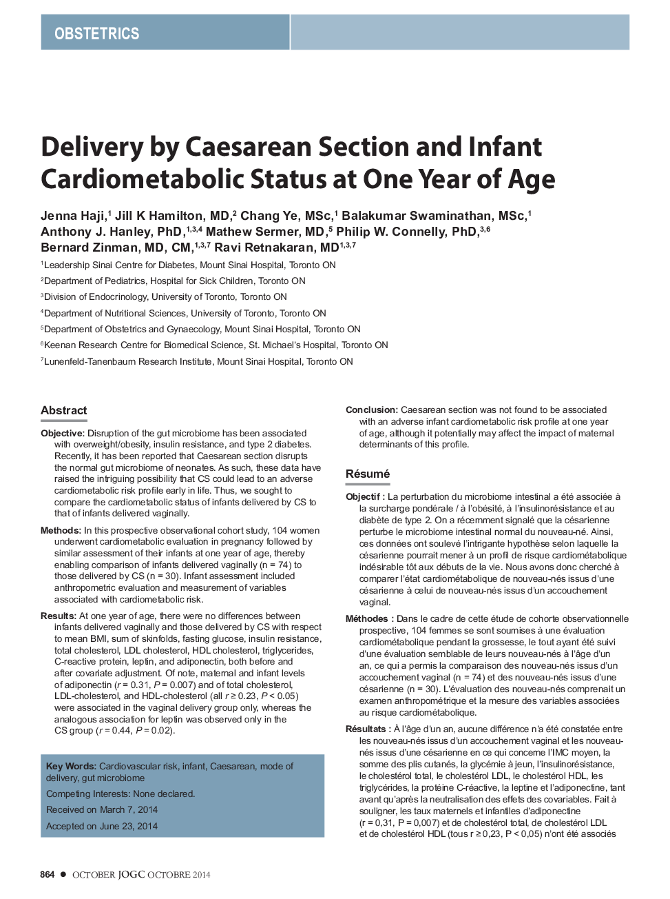Delivery by Caesarean Section and Infant Cardiometabolic Status at One Year of Age
