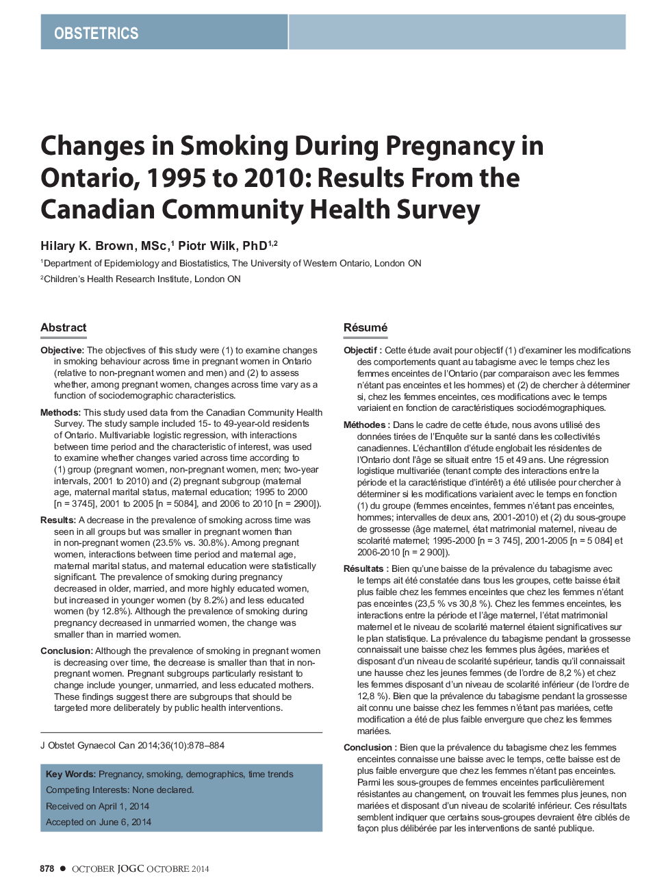تغییرات در سیگار کشیدن در هنگام بارداری در انتاریو، 1995 تا 2010: نتایج از نظر بهداشت جامعه کانادایی 