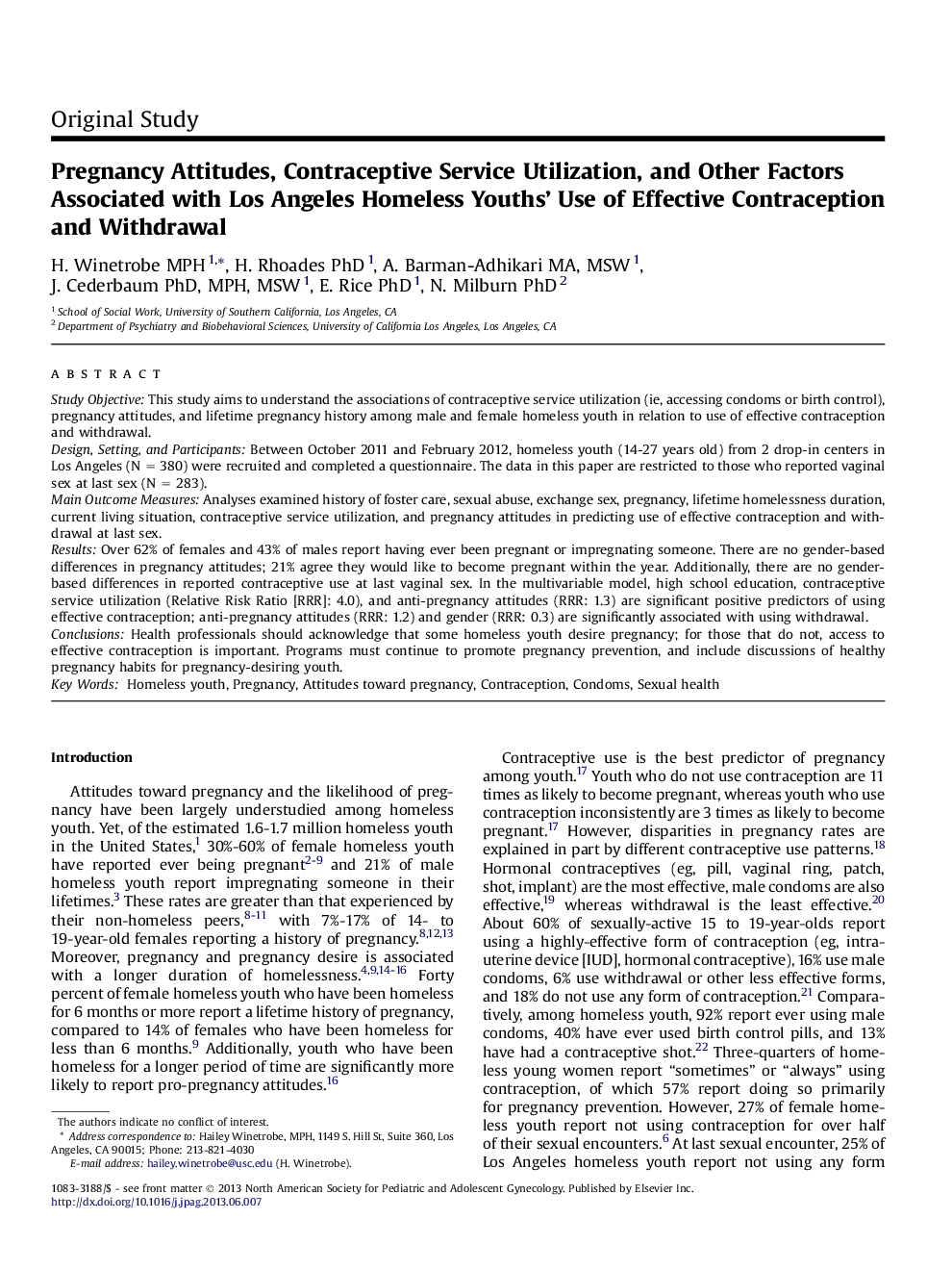 Pregnancy Attitudes, Contraceptive Service Utilization, and Other Factors Associated with Los Angeles Homeless Youths’ Use of Effective Contraception and Withdrawal 