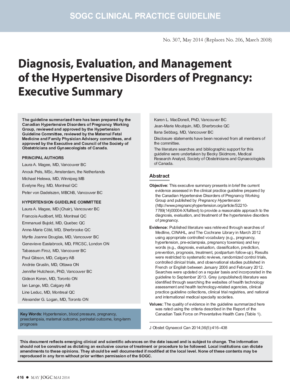 Diagnosis, Evaluation, and Management of the Hypertensive Disorders of Pregnancy: Executive Summary