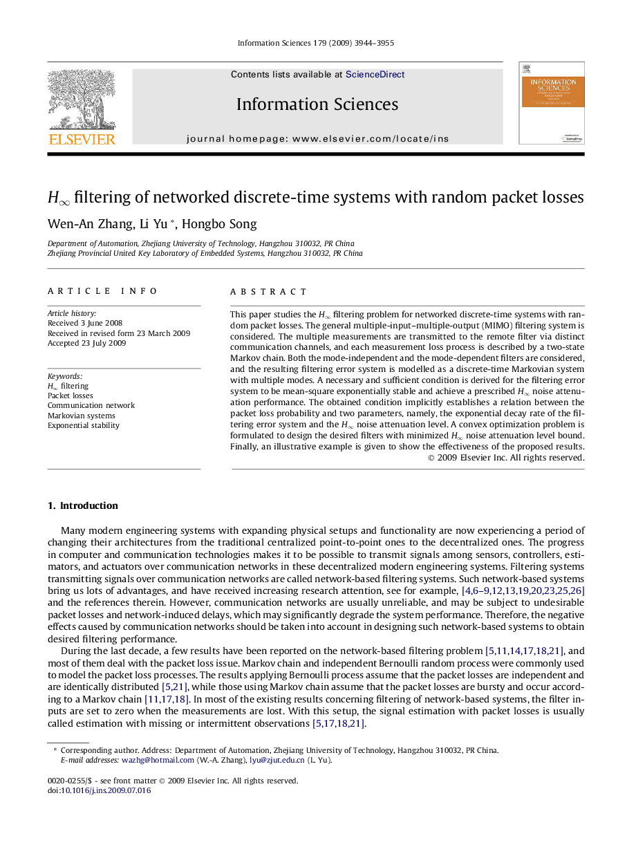 عکس صفحه اول مقاله: H∞ filtering of networked discrete-time systems with random packet losses H∞ filtering of networked discrete-time systems with random packet losses