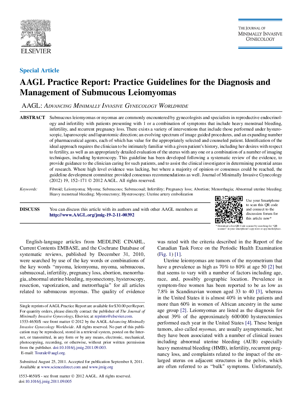 AAGL Practice Report: Practice Guidelines for the Diagnosis and Management of Submucous Leiomyomas 