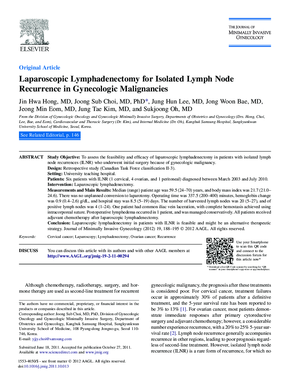 Laparoscopic Lymphadenectomy for Isolated Lymph Node Recurrence in Gynecologic Malignancies 