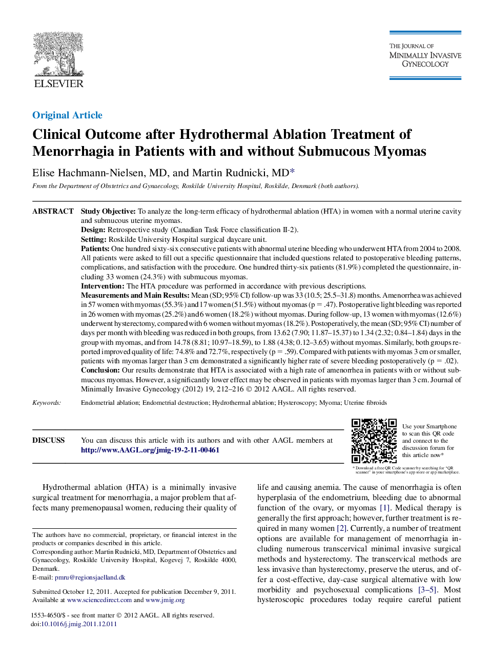 Clinical Outcome after Hydrothermal Ablation Treatment of Menorrhagia in Patients with and without Submucous Myomas