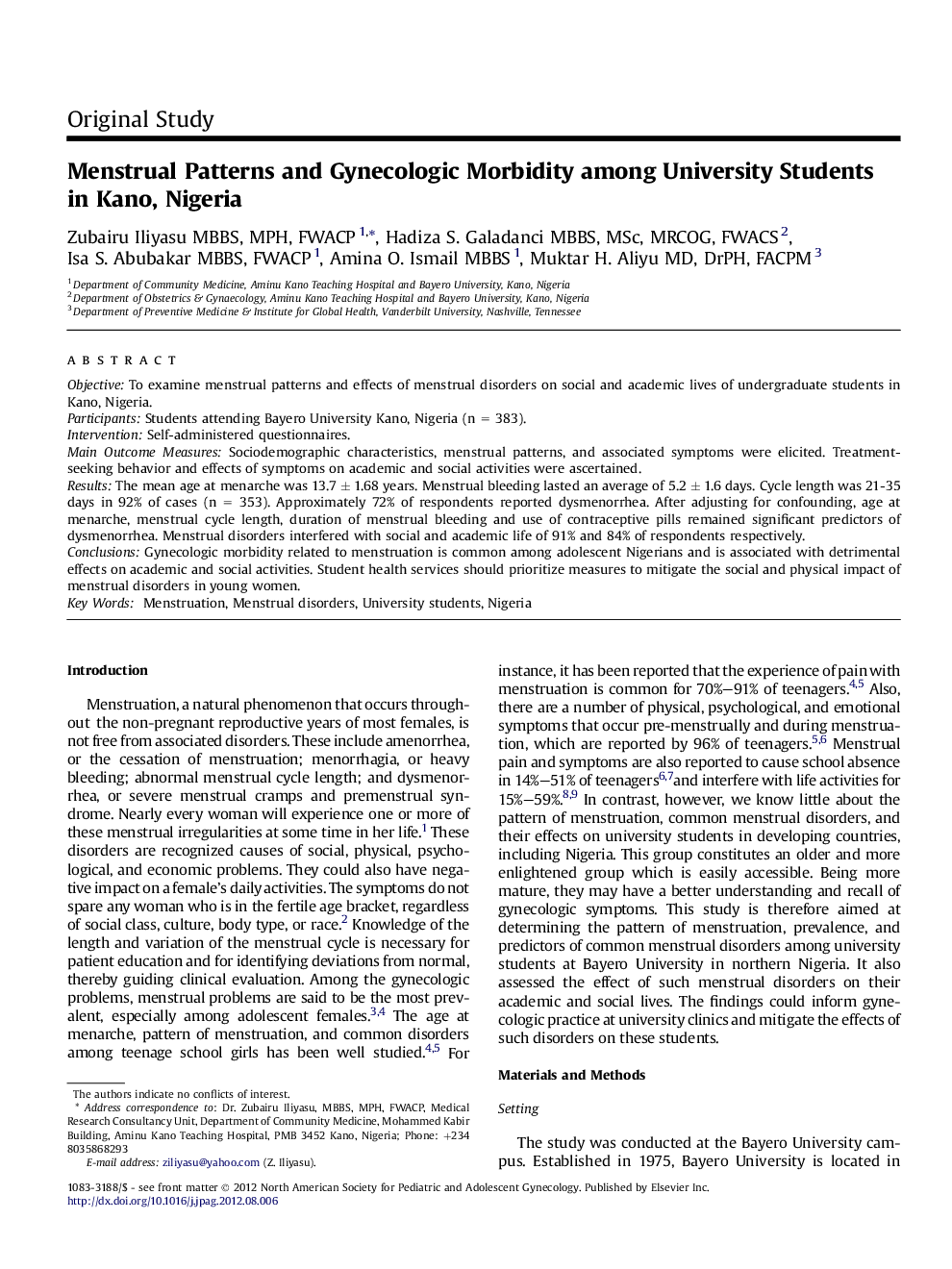 Menstrual Patterns and Gynecologic Morbidity among University Students in Kano, Nigeria 