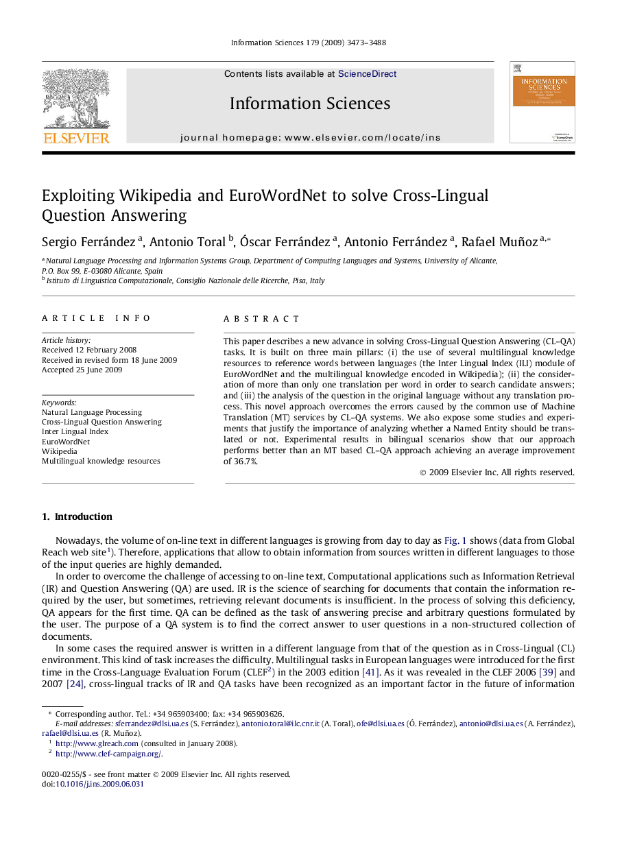 Exploiting Wikipedia and EuroWordNet to solve Cross-Lingual Question Answering