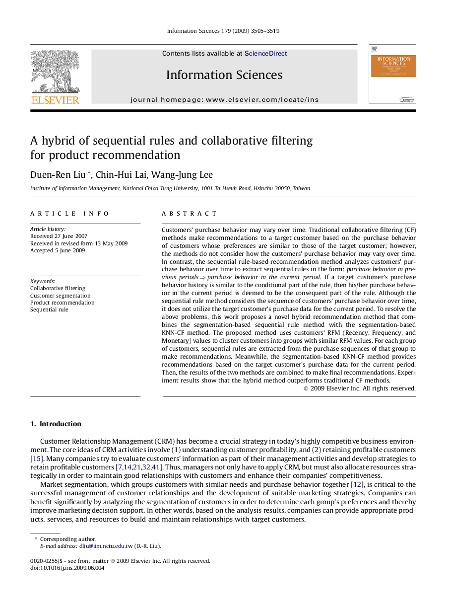 A hybrid of sequential rules and collaborative filtering for product recommendation