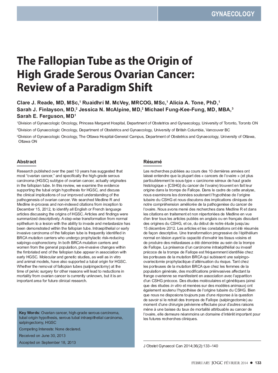 The Fallopian Tube as the Origin of High Grade Serous Ovarian Cancer: Review of a Paradigm Shift