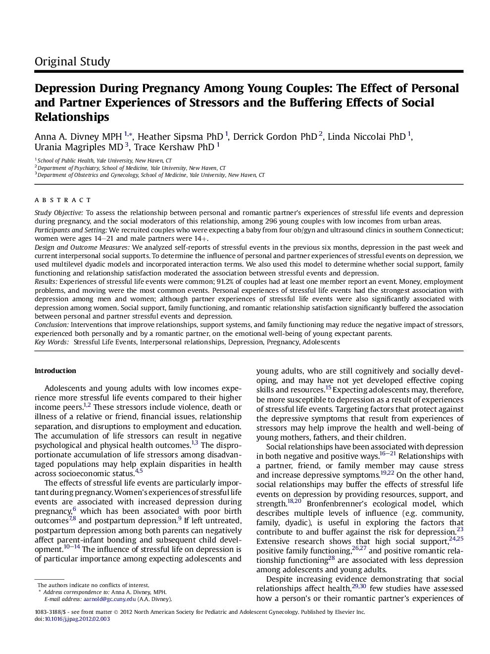 Depression During Pregnancy Among Young Couples: The Effect of Personal and Partner Experiences of Stressors and the Buffering Effects of Social Relationships 