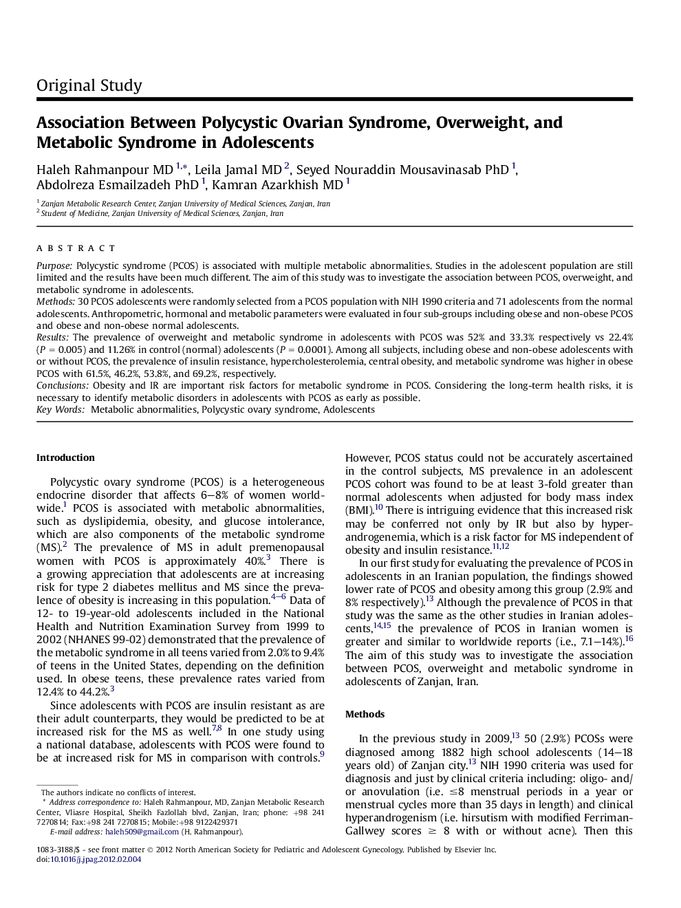 Association Between Polycystic Ovarian Syndrome, Overweight, and Metabolic Syndrome in Adolescents 