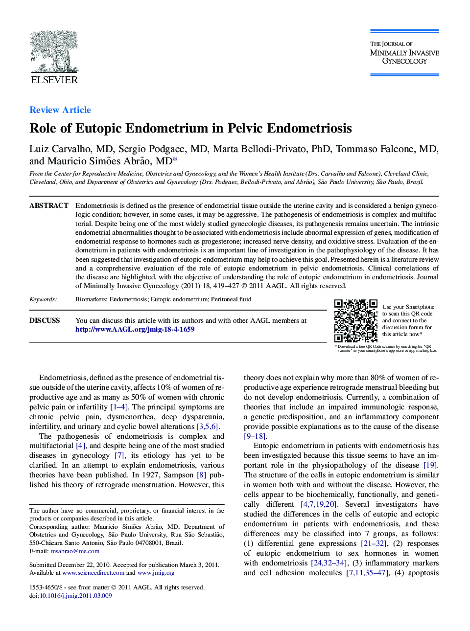 Role of Eutopic Endometrium in Pelvic Endometriosis 