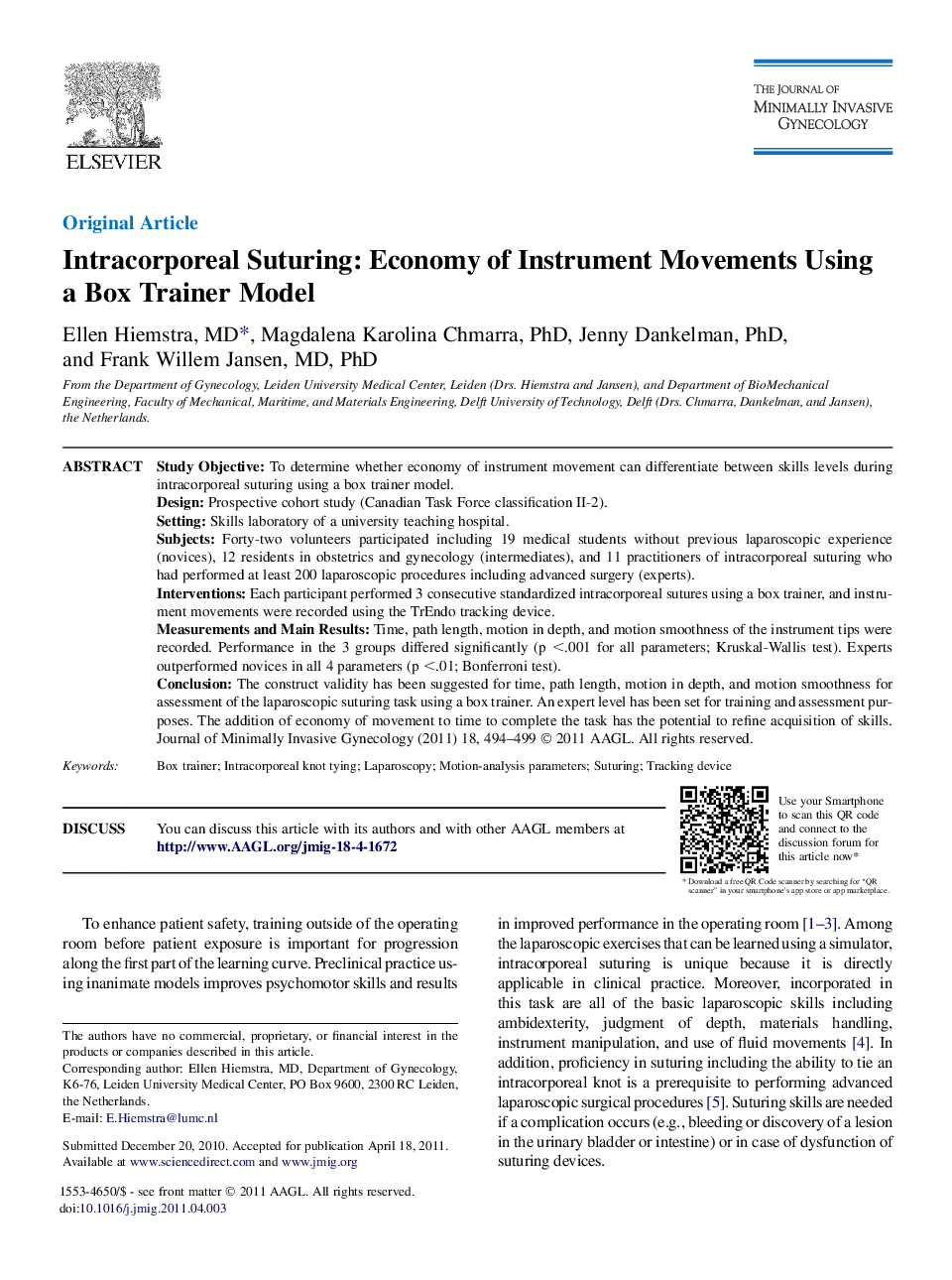 Intracorporeal Suturing: Economy of Instrument Movements Using a Box Trainer Model