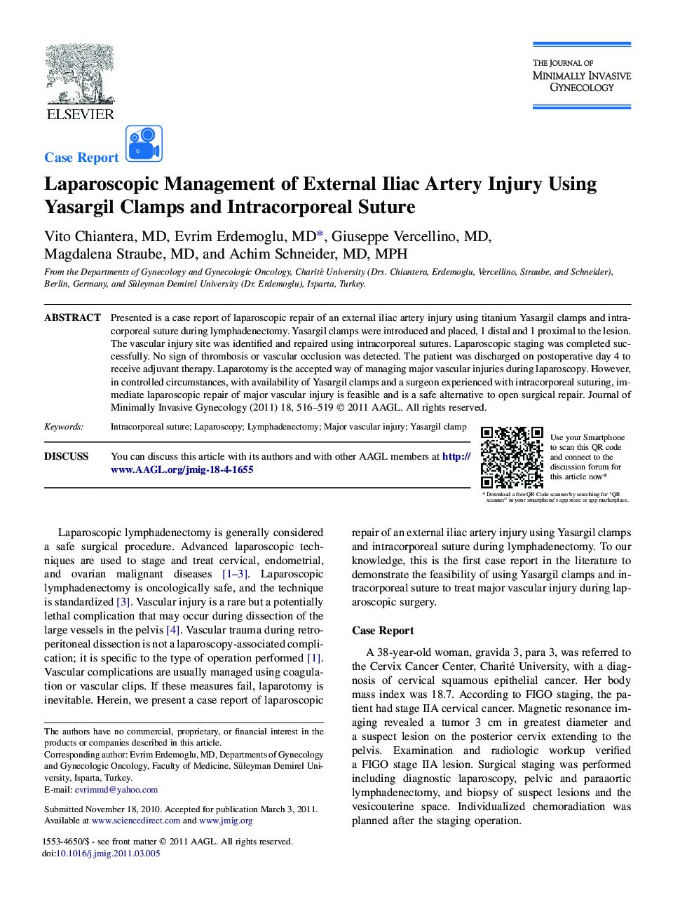 Laparoscopic Management of External Iliac Artery Injury Using Yasargil Clamps and Intracorporeal Suture