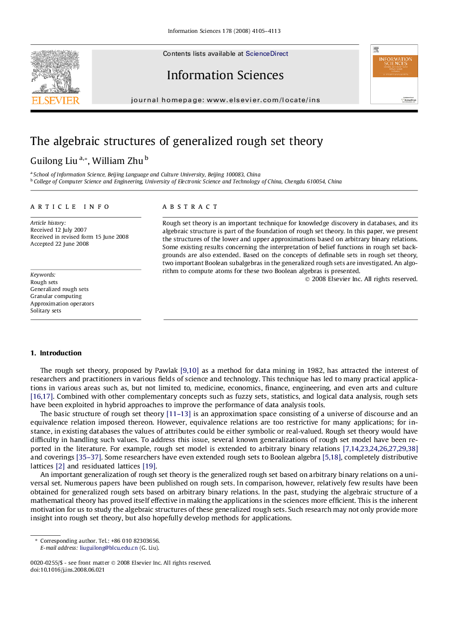 The algebraic structures of generalized rough set theory