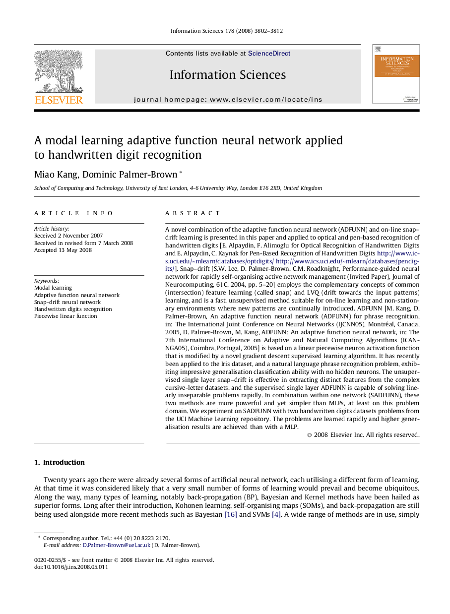 A modal learning adaptive function neural network applied to handwritten digit recognition