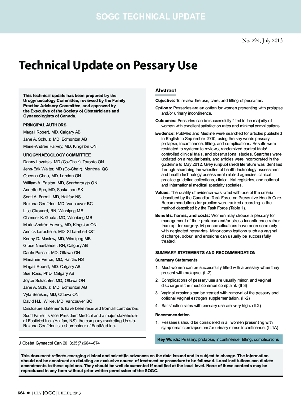 Technical Update on Pessary Use