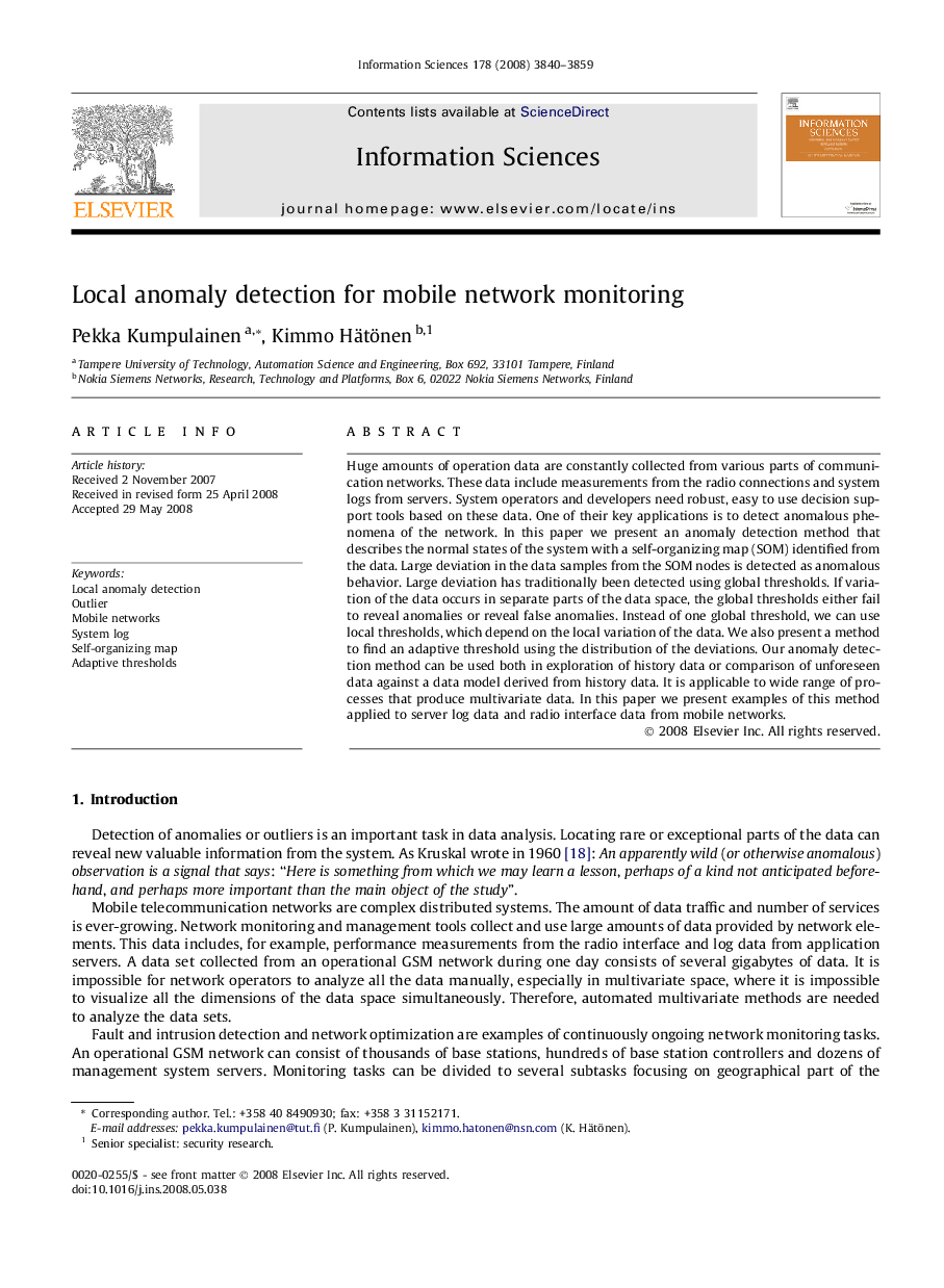 Local anomaly detection for mobile network monitoring