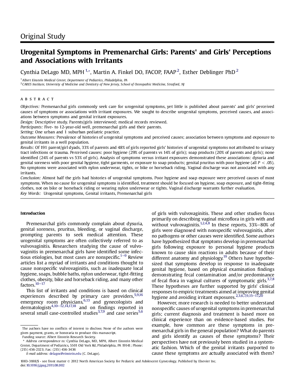 Urogenital Symptoms in Premenarchal Girls: Parents' and Girls' Perceptions and Associations with Irritants 