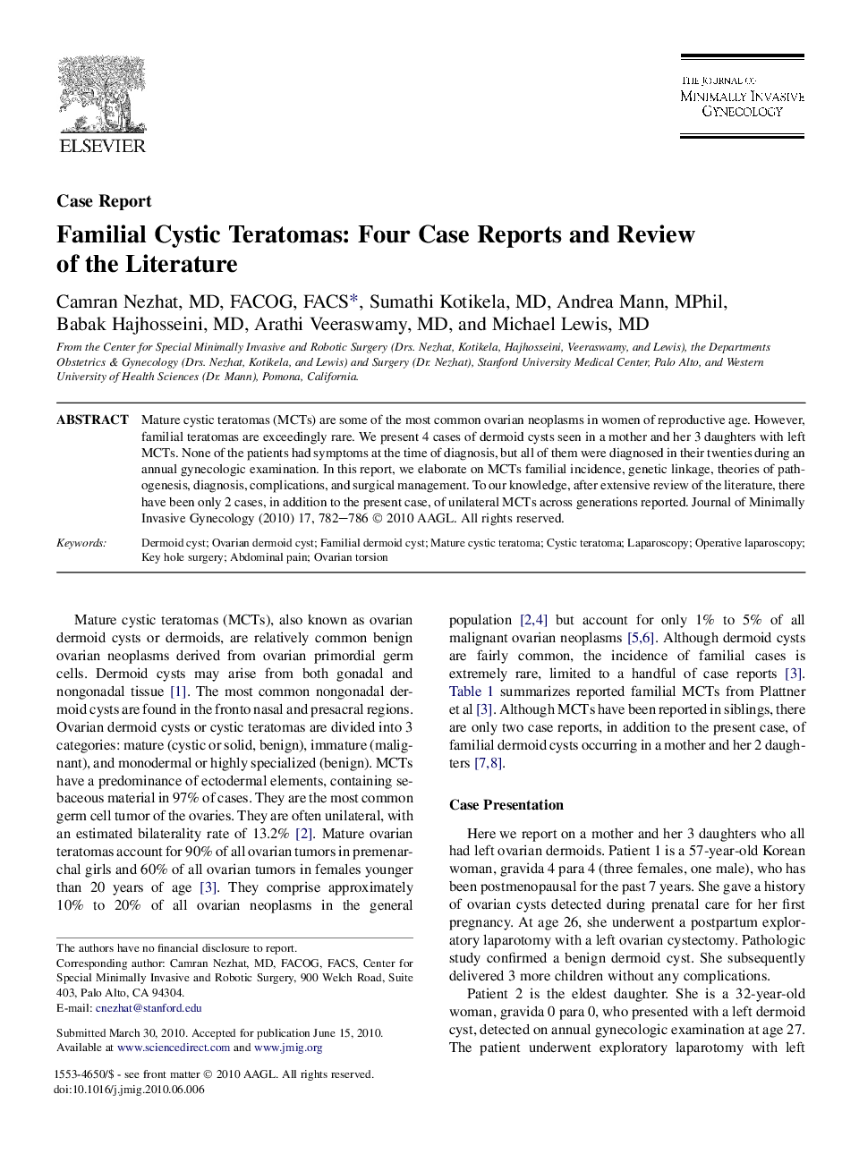 Familial Cystic Teratomas: Four Case Reports and Review of the Literature 