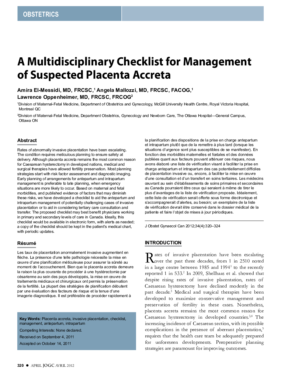 A Multidisciplinary Checklist for Management of Suspected Placenta Accreta