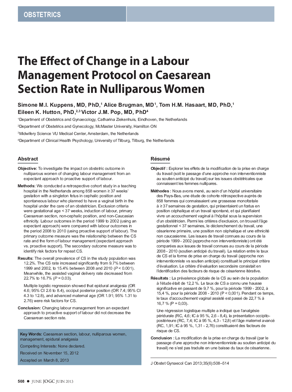 The Effect of Change in a Labour Management Protocol on Caesarean Section Rate in Nulliparous Women