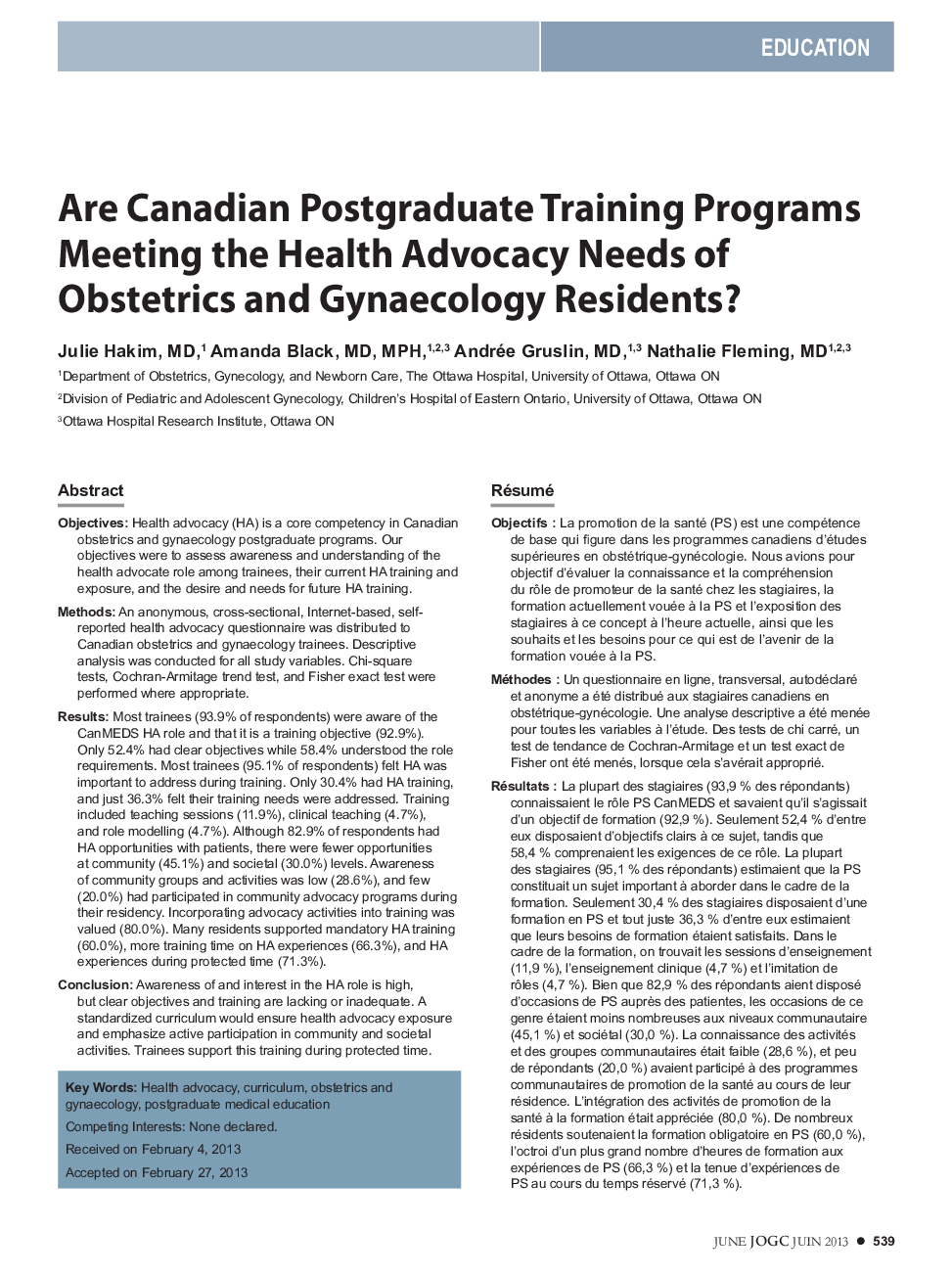 Are Canadian Postgraduate Training Programs Meeting the Health Advocacy Needs of Obstetrics and Gynaecology Residents?
