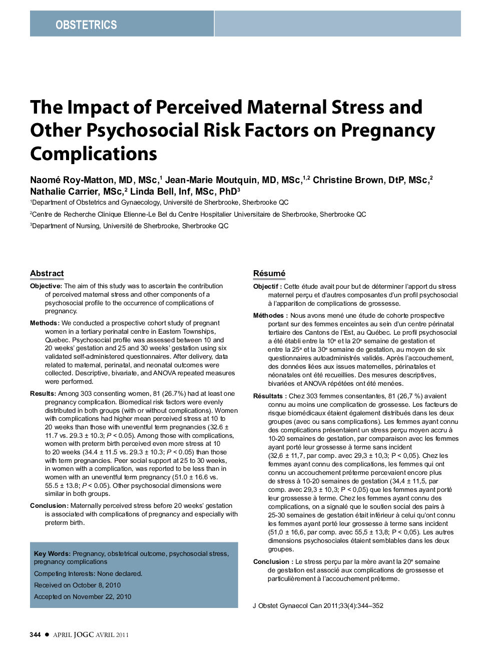 The Impact of Perceived Maternal Stress and Other Psychosocial Risk Factors on Pregnancy Complications