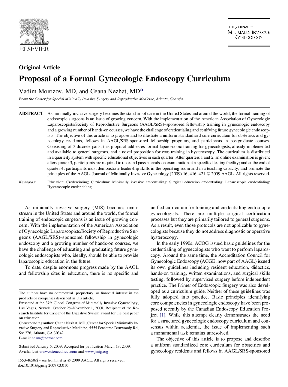 Proposal of a Formal Gynecologic Endoscopy Curriculum 