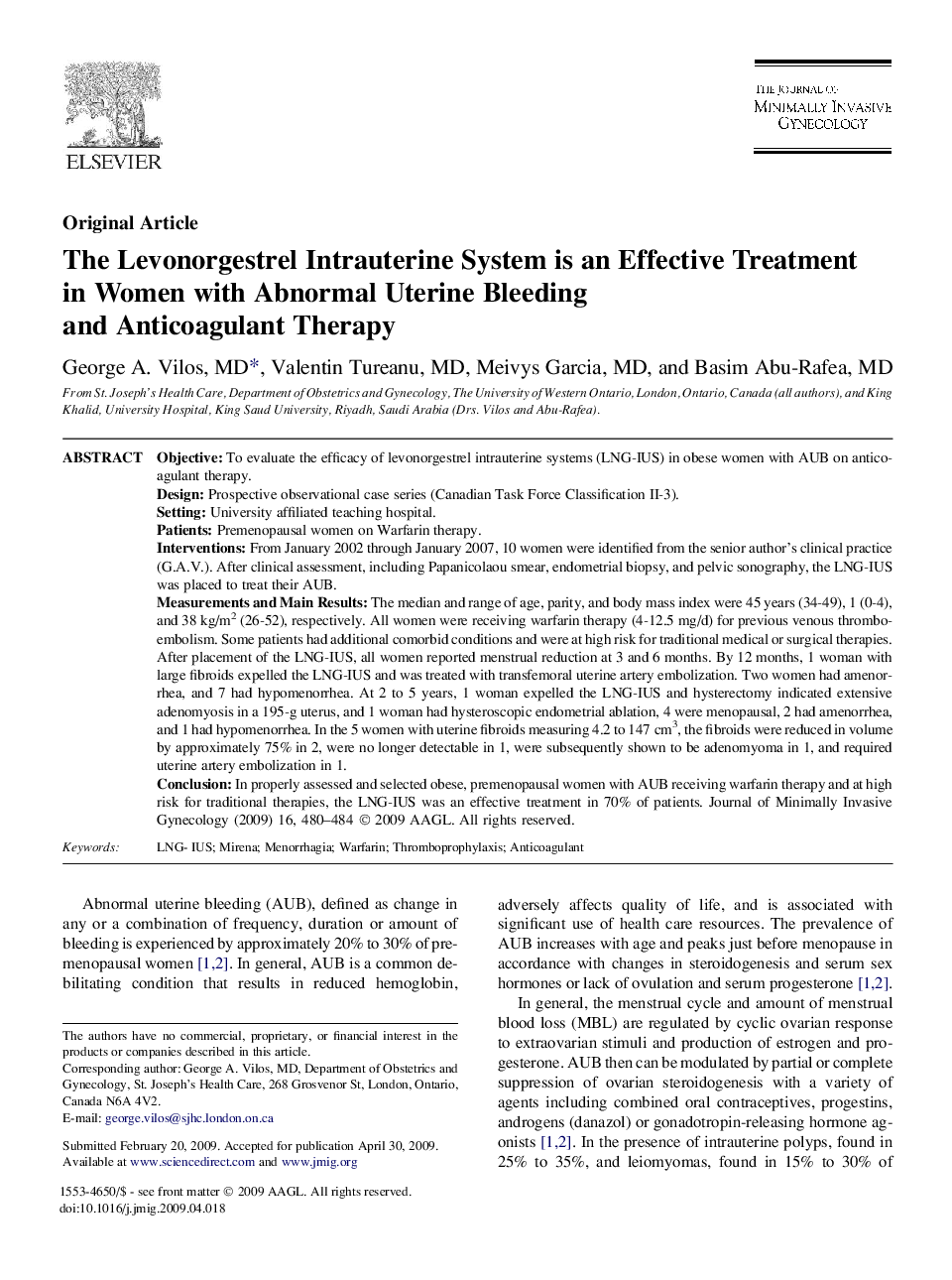 The Levonorgestrel Intrauterine System is an Effective Treatment in Women with Abnormal Uterine Bleeding and Anticoagulant Therapy 