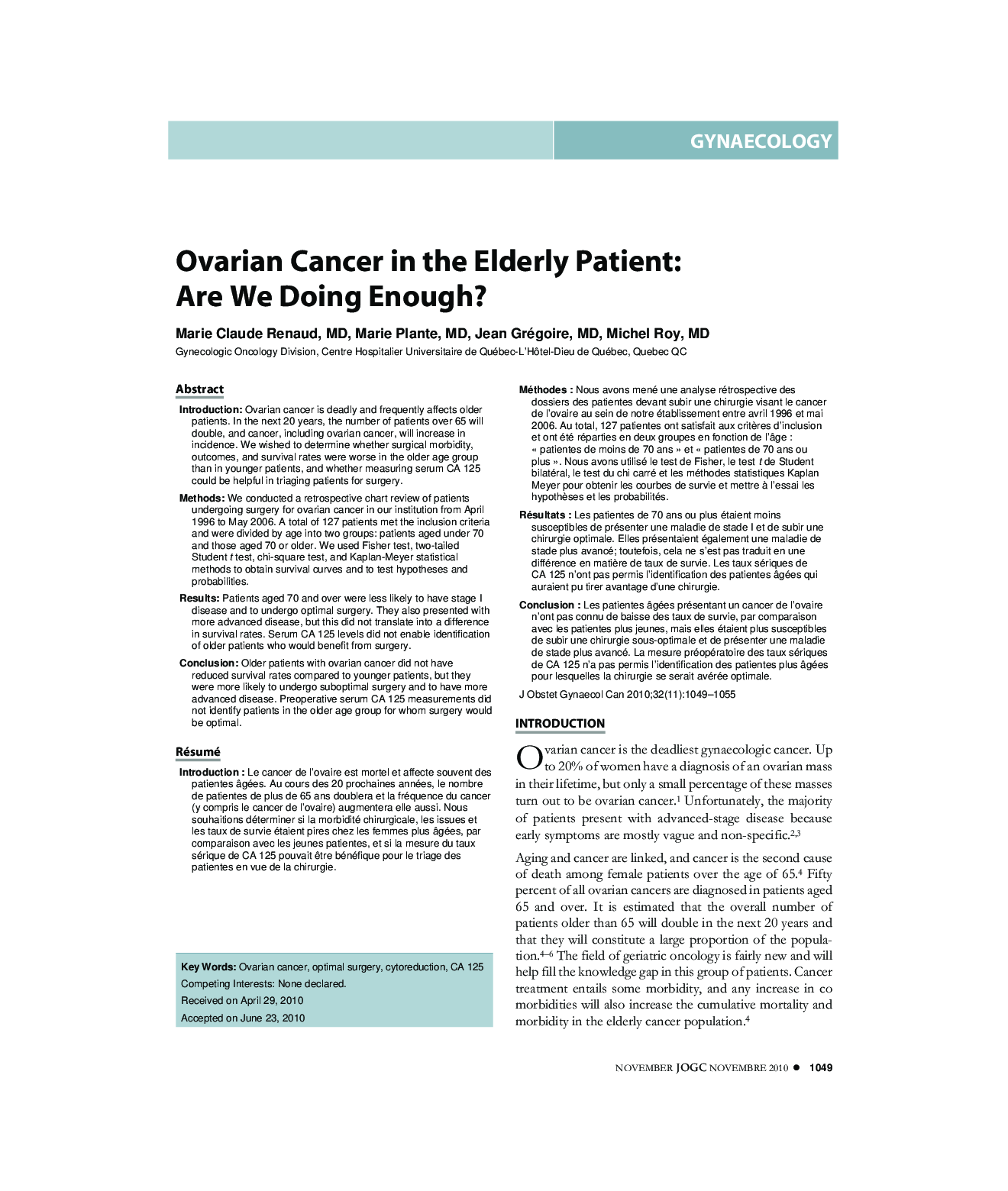 Ovarian Cancer in the Elderly Patient: Are We Doing Enough?