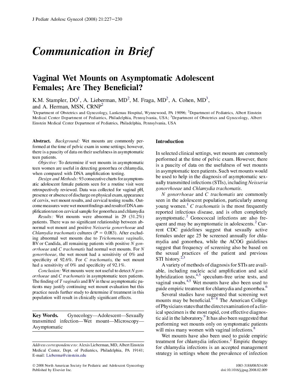 Vaginal Wet Mounts on Asymptomatic Adolescent Females; Are They Beneficial?