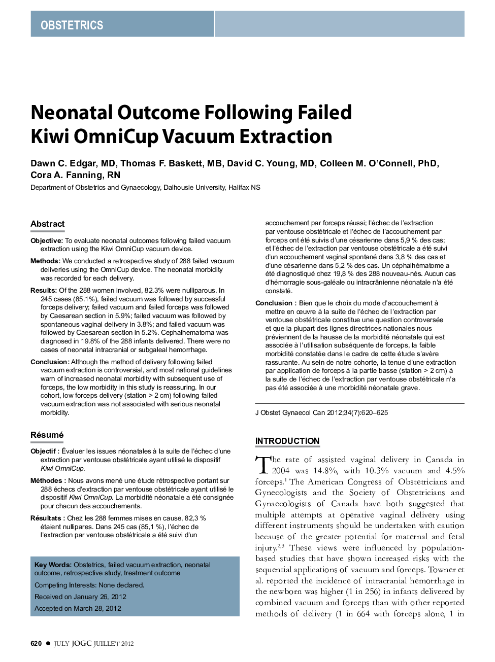 Neonatal Outcome Following Failed Kiwi OmniCup Vacuum Extraction