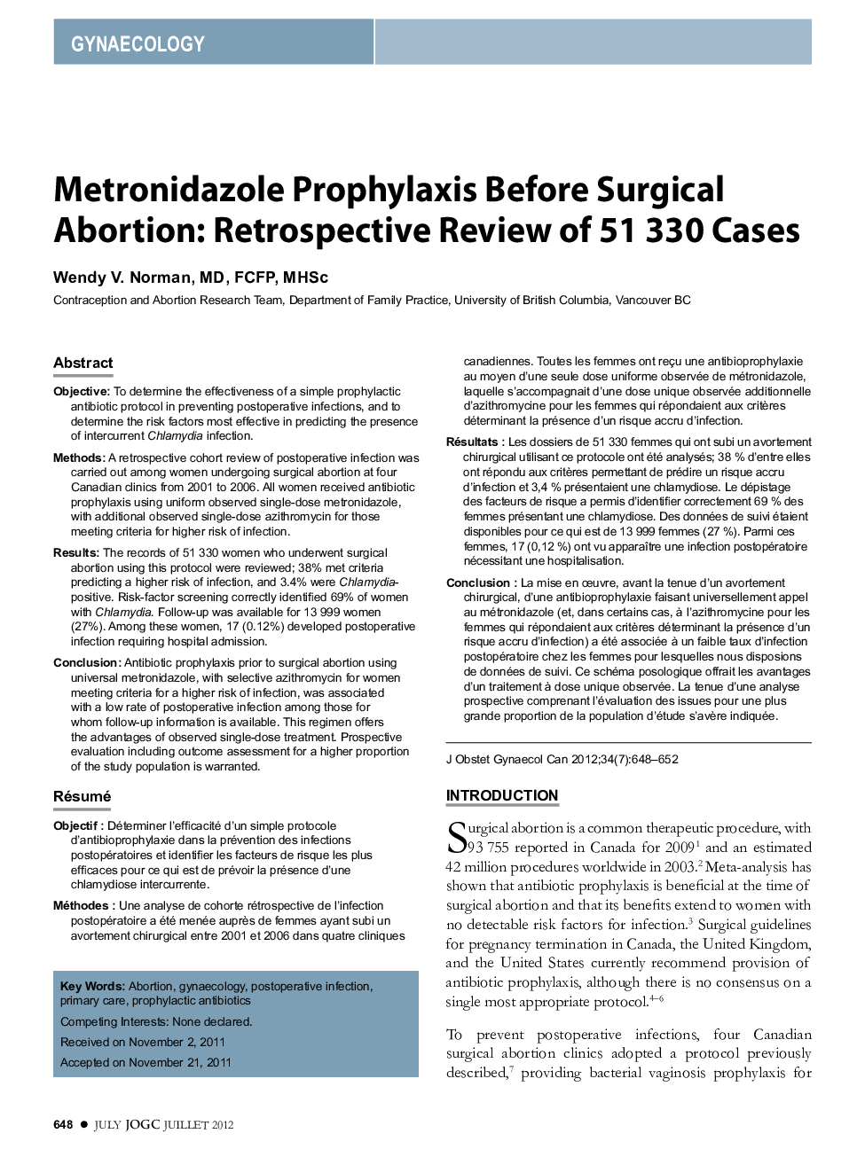 Metronidazole Prophylaxis Before Surgical Abortion: Retrospective Review of 51 330 Cases