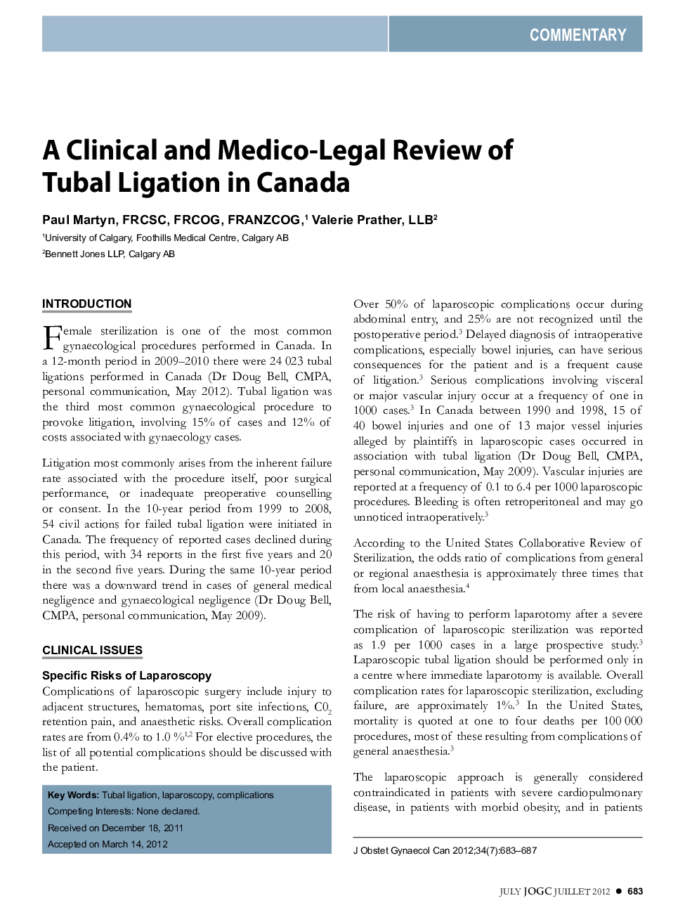 A Clinical and Medico-Legal Review of Tubal Ligation in Canada