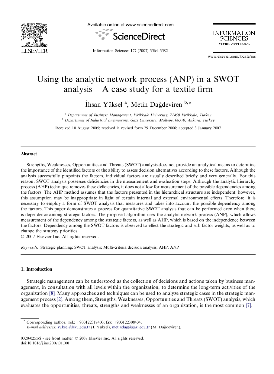 Using the analytic network process (ANP) in a SWOT analysis – A case study for a textile firm