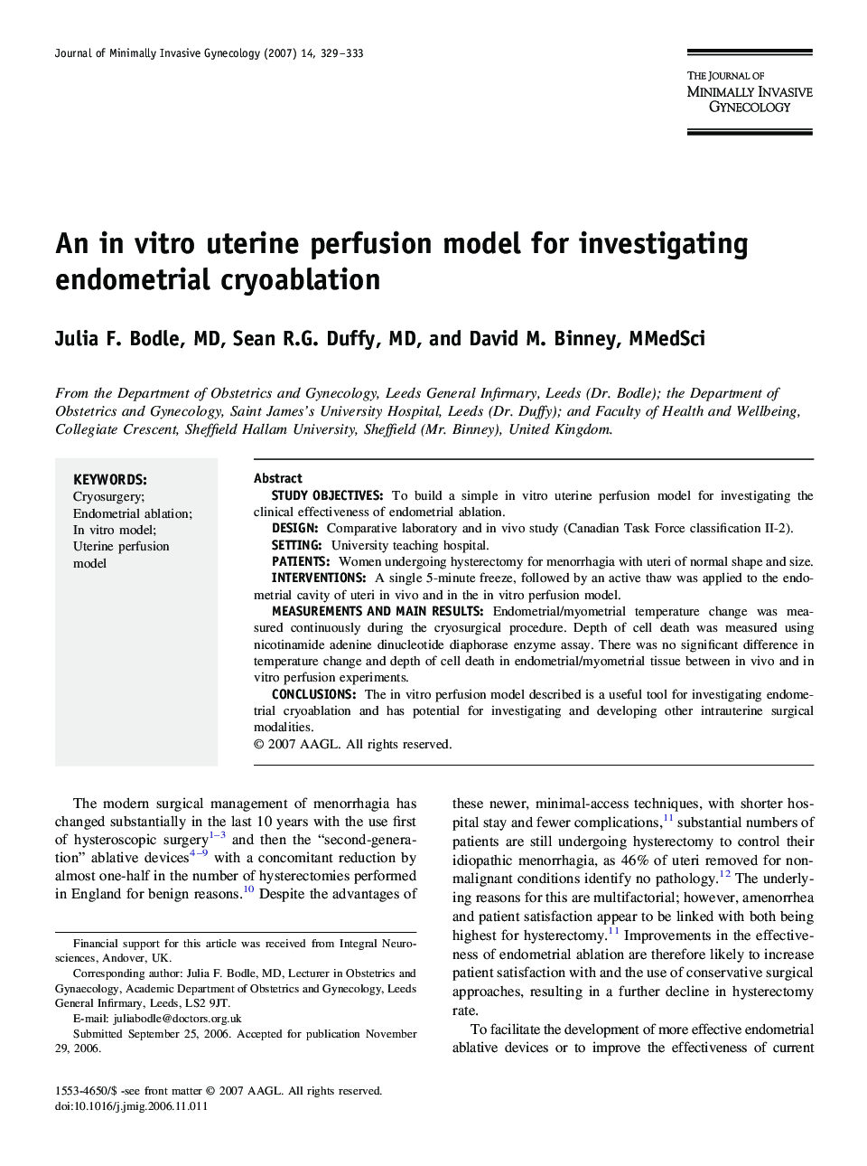 An in vitro uterine perfusion model for investigating endometrial cryoablation 