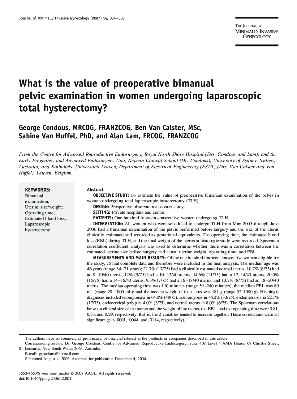 What is the value of preoperative bimanual pelvic examination in women undergoing laparoscopic total hysterectomy? 